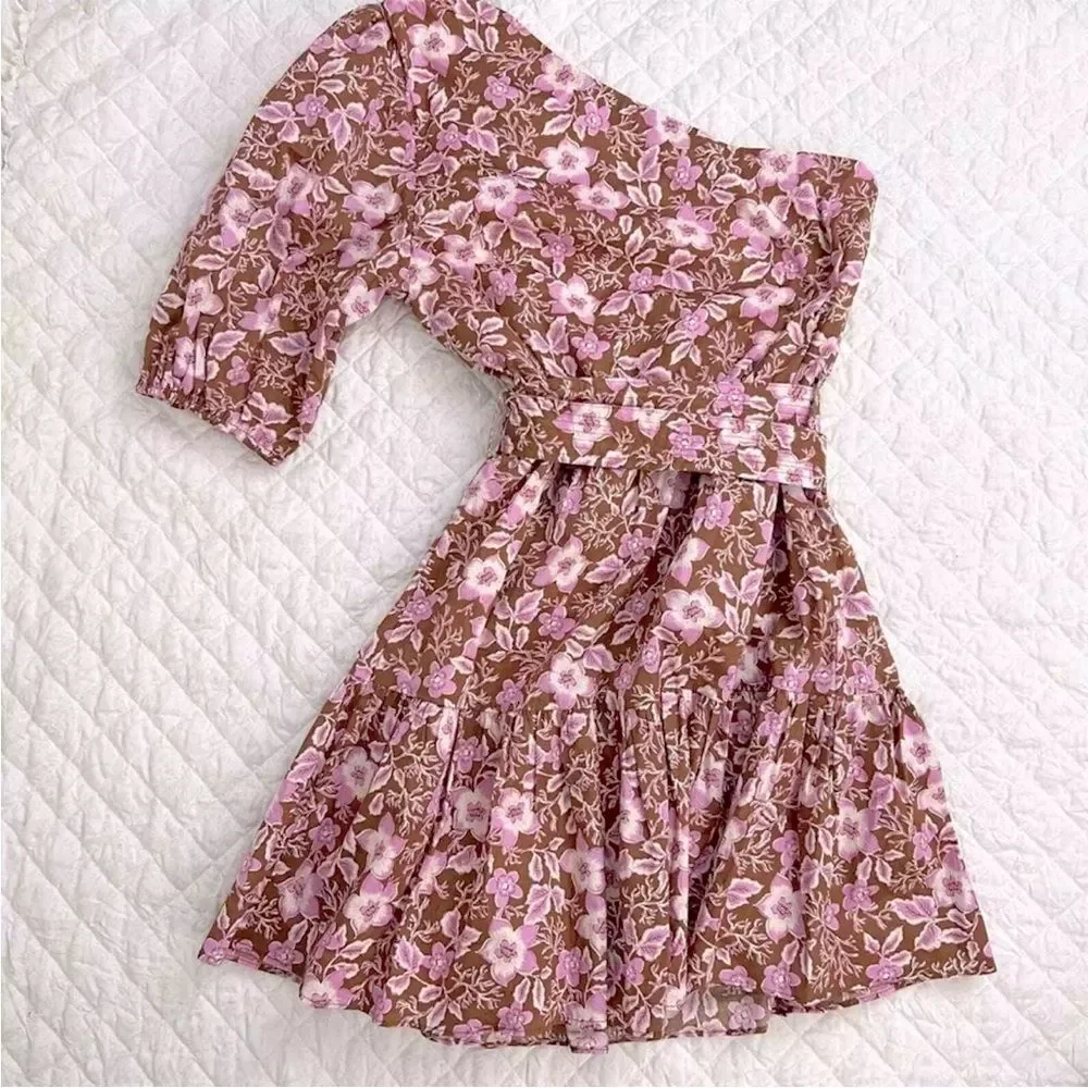 Jason Wu one shoulder lined floral cotton blend belted mini dress. M